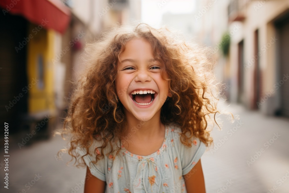 Closeup portrait of a happy little girl with curly hair in the city Closeup portrait of a happy little girl with curly hair in the city