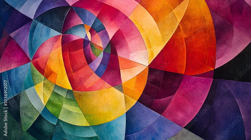 Obraz premium A colorful abstract painting with a large circle in the center. The circle is surrounded by smaller circles and triangles. The painting has a vibrant and energetic feel, with a sense of movement