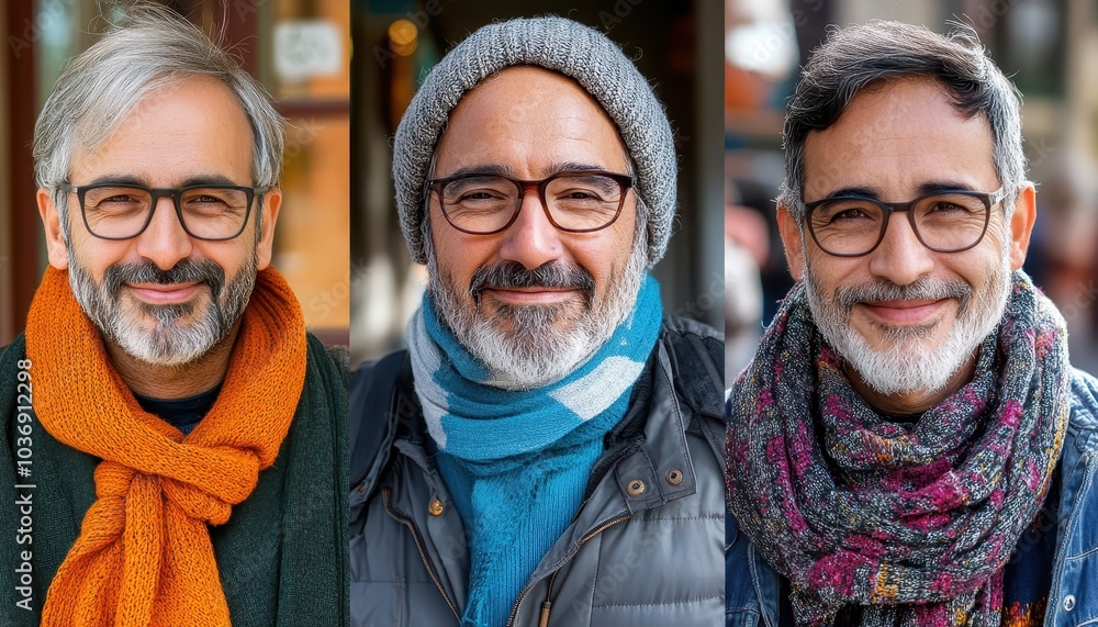 Collage of diverse individuals in scarves outdoors, of all ages and ethnicities Collage of diverse individuals in scarves outdoors, of all ages and ethnicities