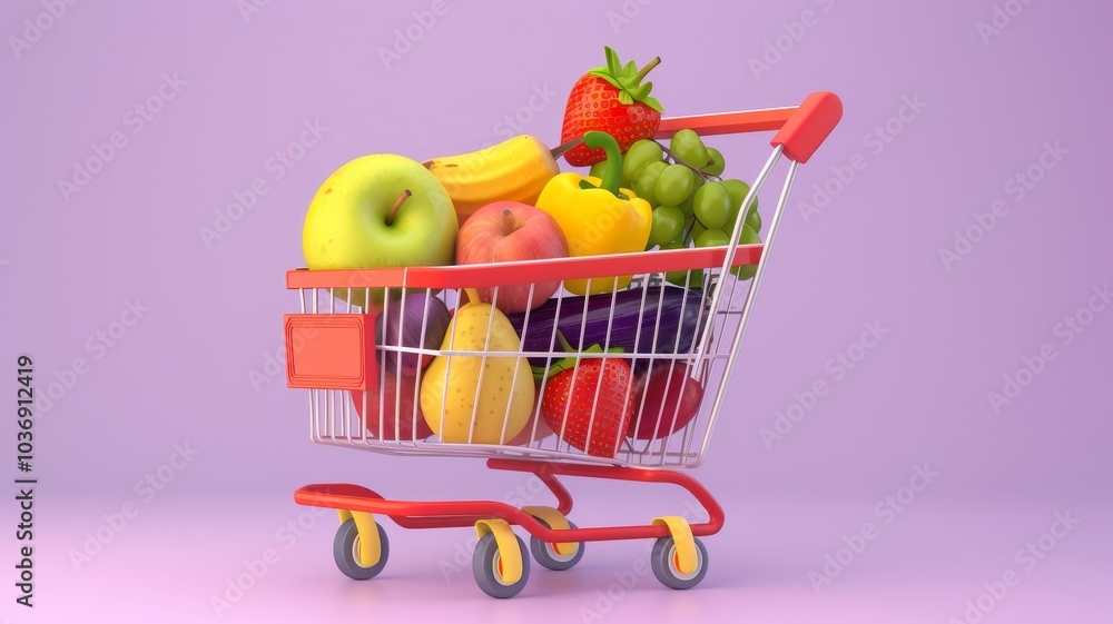 3D Cartoon Shopping Cart Loaded with Fruits and Vegetables. 3D Cartoon Shopping Cart Loaded with Fruits and Vegetables.