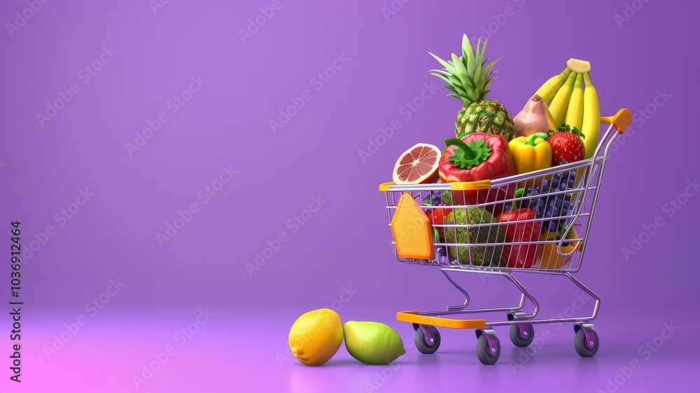 3D Cartoon Shopping Cart Overflowing with Fresh Fruits and Vegetables 3D Cartoon Shopping Cart Overflowing with Fresh Fruits and Vegetables