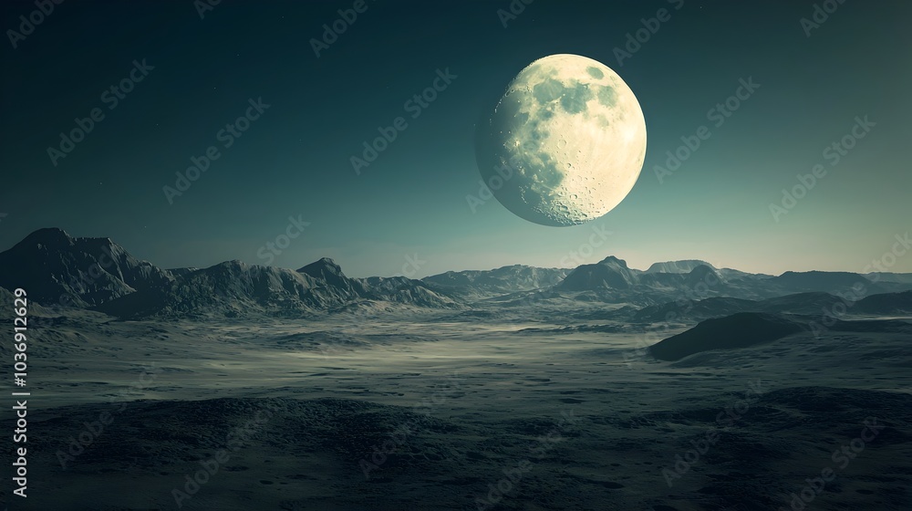 Distant Moon Casting Soft Glow Over Barren Planetary Landscape Under Moonlight Distant Moon Casting Soft Glow Over Barren Planetary Landscape Under Moonlight