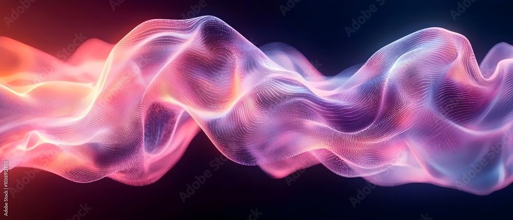 A vibrant, flowing wave of light in pink and blue hues creates a mesmerizing visual effect, resembling abstract fabric dancing in mid-air. A vibrant, flowing wave of light in pink and blue hues creates a mesmerizing visual effect, resembling abstract fabric dancing in mid-air.