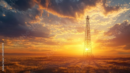 A majestic oil derrick in the middle of an open field at sunset