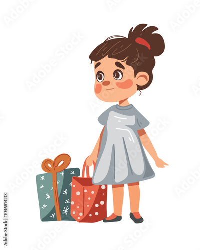Cute little girl standing with gifts and smiling, cartoon style