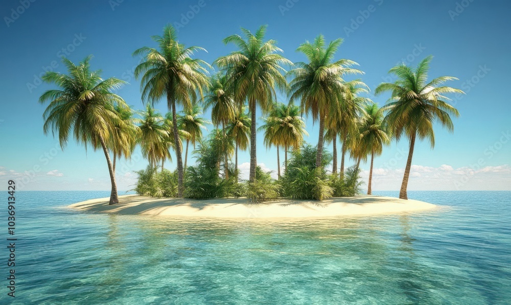 A serene tropical island with palm trees surrounded by clear blue water under a sunny sky. A serene tropical island with palm trees surrounded by clear blue water under a sunny sky.
