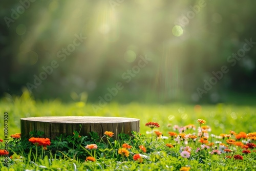 A tree stump is in the middle of a vibrant flowerfilled field