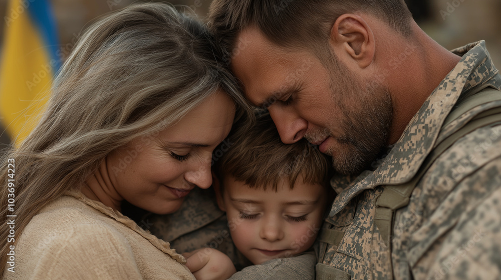 A hyperrealistic portrayal of a Ukrainian soldier in uniform being reunited with his family on a city street. The soldierâs wife and children are embracing him, while the Ukrainian A hyperrealistic portrayal of a Ukrainian soldier in uniform being reunited with his family on a city street. The soldierâs wife and children are embracing him, while the Ukrainian
