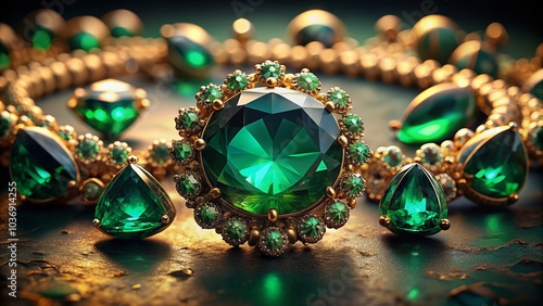 Generative AI : The emerald gemstone jewelry photo with black stones and dark lighting. photo