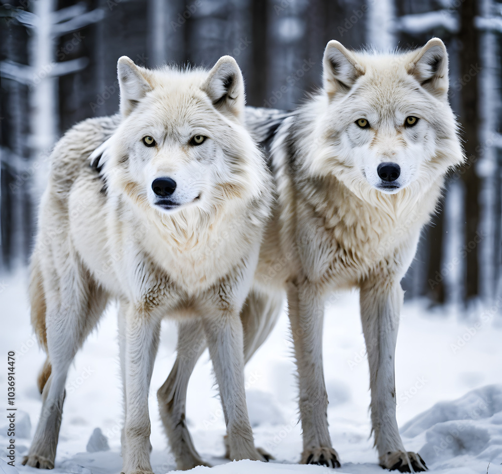Obraz premium Two graceful arctic wolves in wolf pack in frosty snowy winter forest. Gray wolf couple. Banner with wild animals in their natural habitat. Wildlife scene.