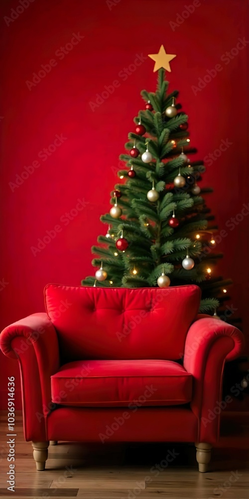 A cozy red sofa in front of a Christmas tree with twinkling lights, creating a warm and festive atmosphere A cozy red sofa in front of a Christmas tree with twinkling lights, creating a warm and festive atmosphere