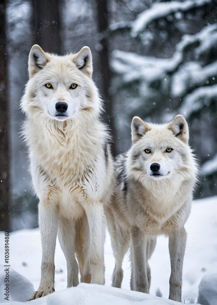 Obraz premium Two graceful arctic wolves in wolf pack in frosty snowy winter forest. Gray wolf couple. Banner with wild animals in their natural habitat. Wildlife scene.