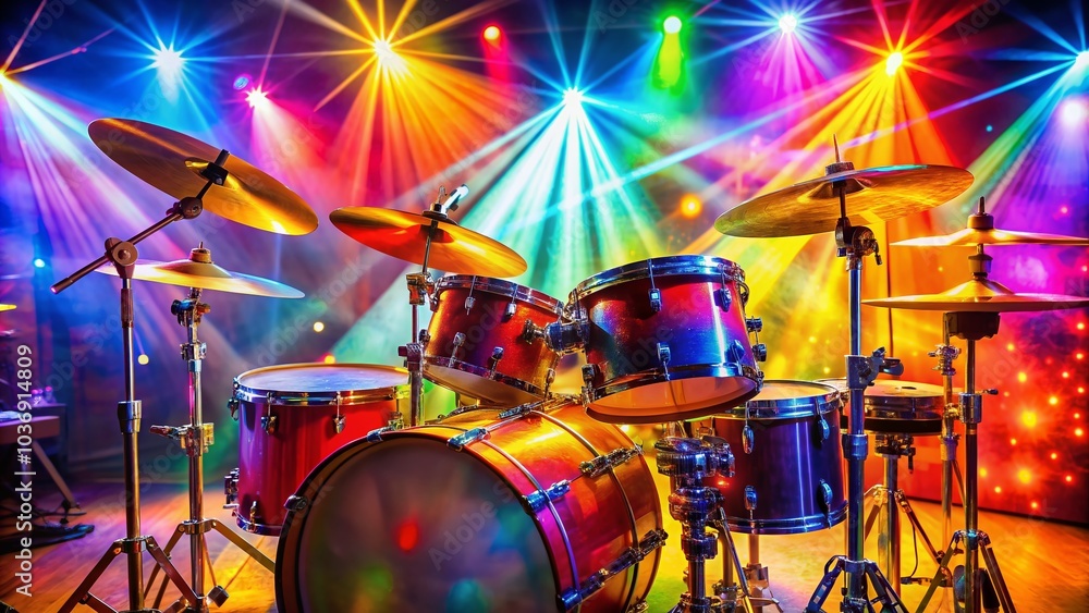 Vibrant nightlife scene with colorful drumset and gleaming cymbals lit by stage lights, evoking feelings of joy and celebration on a lively party night. Vibrant nightlife scene with colorful drumset and gleaming cymbals lit by stage lights, evoking feelings of joy and celebration on a lively party night.