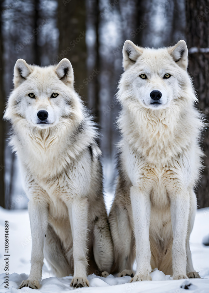 Two graceful arctic wolves in wolf pack in frosty snowy winter forest. Gray wolf couple. Banner with wild animals in their natural habitat. Wildlife scene. Two graceful arctic wolves in wolf pack in frosty snowy winter forest. Gray wolf couple. Banner with wild animals in their natural habitat. Wildlife scene.