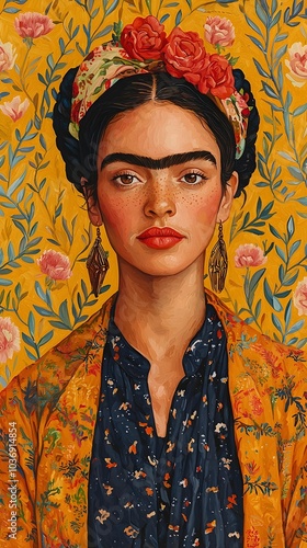 A young Latina woman with a bold unibrow and floral headband poses gracefully against a vibrant yellow background. Her expression is confident and captivating. photo