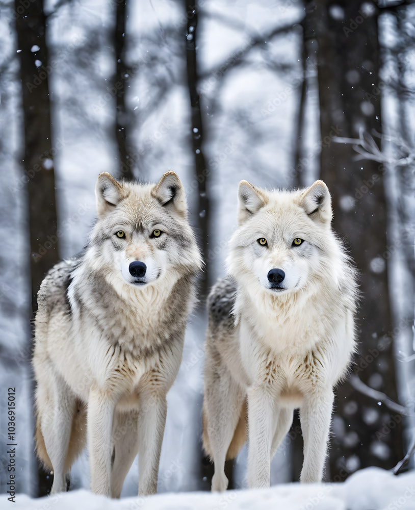 Two graceful arctic wolves in wolf pack in frosty snowy winter forest. Gray wolf couple. Banner with wild animals in their natural habitat. Wildlife scene. Two graceful arctic wolves in wolf pack in frosty snowy winter forest. Gray wolf couple. Banner with wild animals in their natural habitat. Wildlife scene.