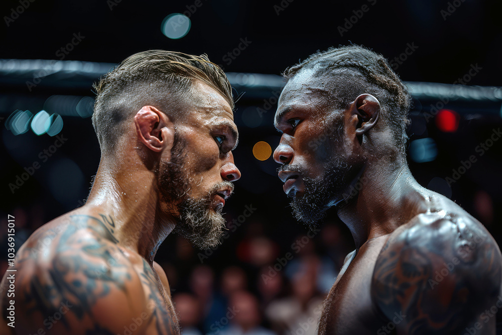 Two determined MMA fighters stand face-to-face in the octagon, locked in an intense stare down as they prepare for an electrifying match Two determined MMA fighters stand face-to-face in the octagon, locked in an intense stare down as they prepare for an electrifying match