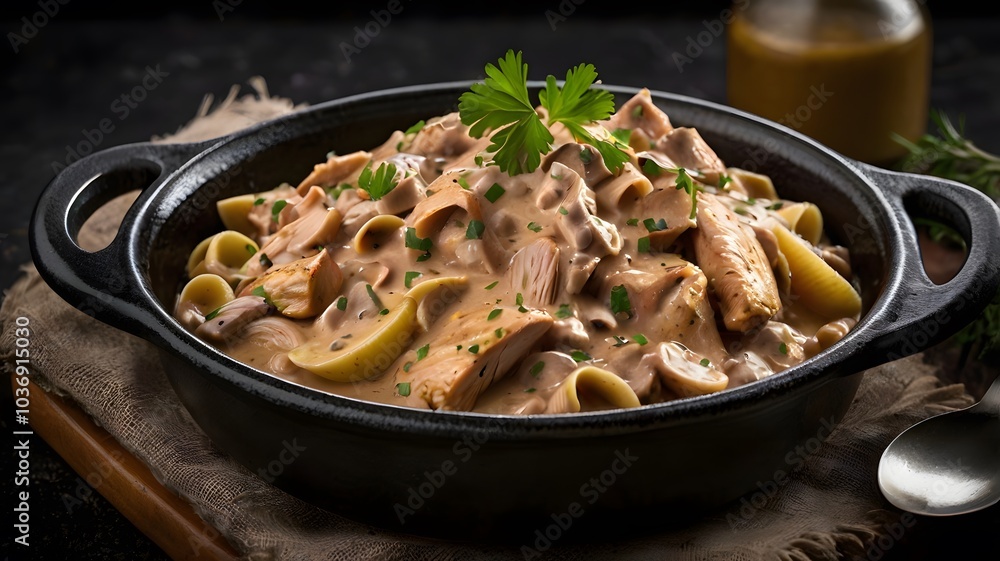 Juicy yummy chicken stroganoff cooked with mushrooms & parsley herbs. Creamy texture healthy meat dish Juicy yummy chicken stroganoff cooked with mushrooms & parsley herbs. Creamy texture healthy meat dish