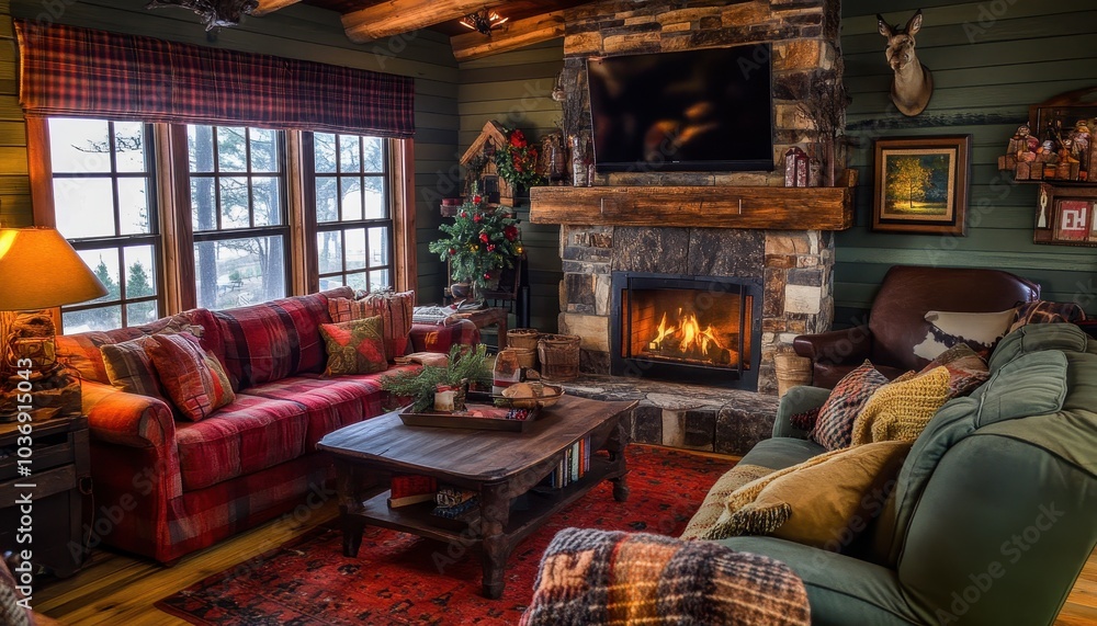 Cozy farmhouse living room featuring a warm fireplace and rustic decor Cozy farmhouse living room featuring a warm fireplace and rustic decor