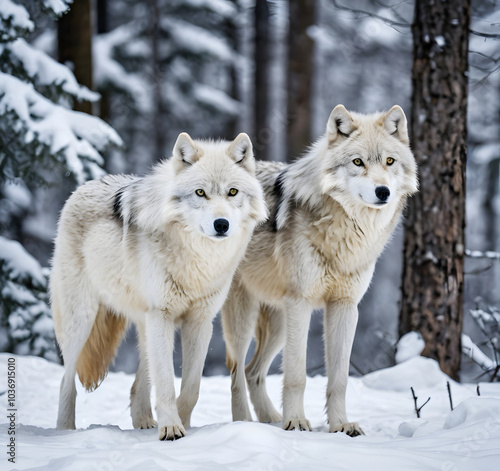 Two graceful arctic wolves in wolf pack in frosty snowy winter forest. Gray wolf couple. Banner with wild animals in their natural habitat. Wildlife scene.