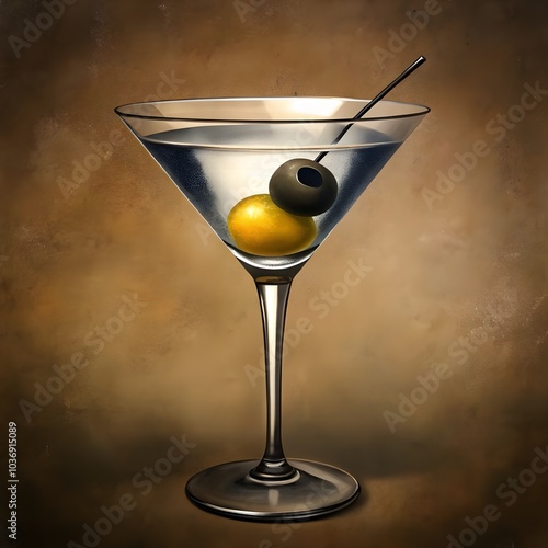 a martini glass with a black olive on top of it