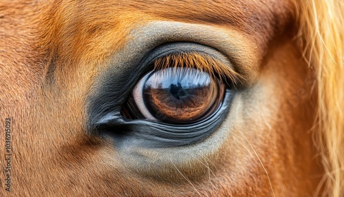 Close-up of a horse's eye gazing at the camera with vibrant detail and clarity