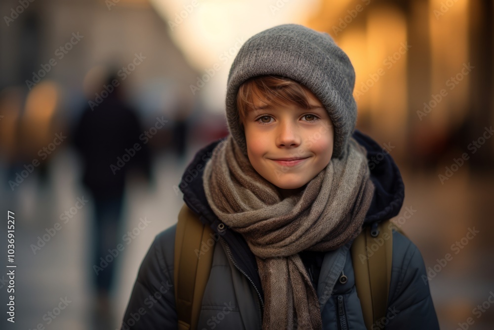 Portrait of a young boy in a hat and scarf on the street Portrait of a young boy in a hat and scarf on the street