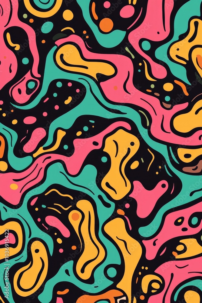 A vibrant abstract design featuring fluid shapes in pink, yellow, black, and teal. A vibrant abstract design featuring fluid shapes in pink, yellow, black, and teal.