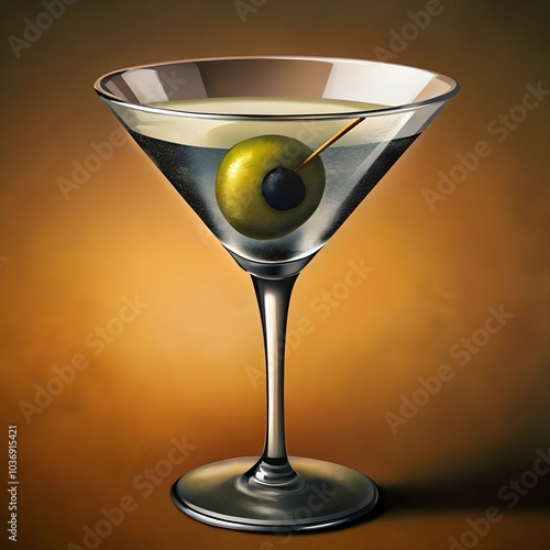 a martini glass with a black olive on top of it