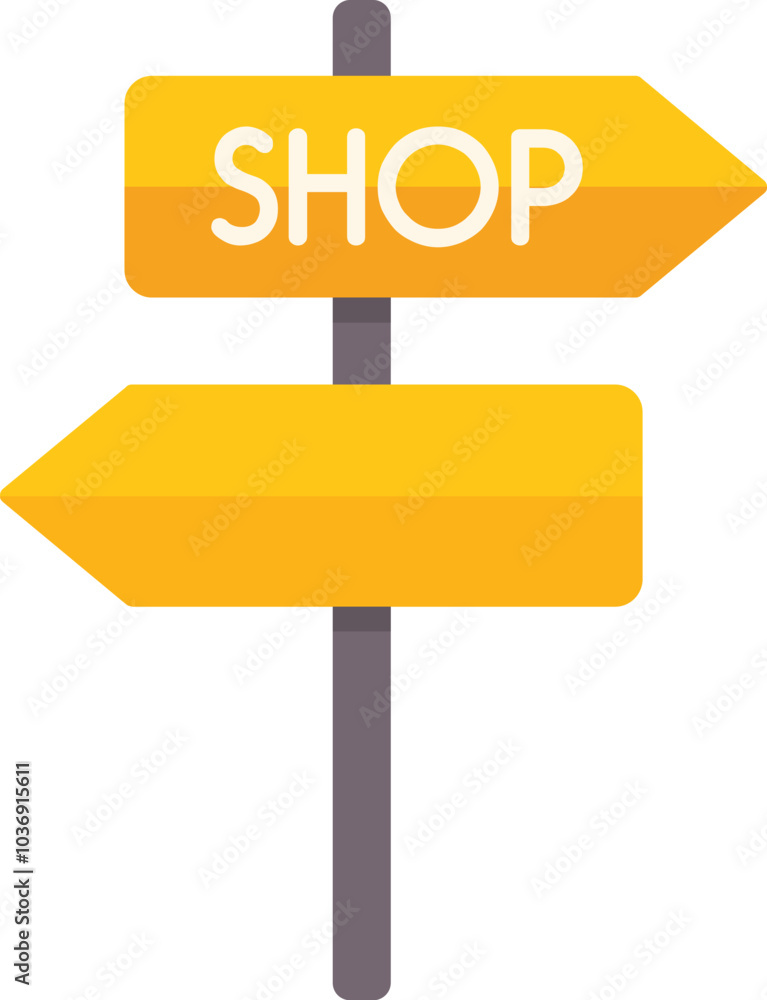 Blank yellow directional sign is pointing to the right with the word shop above it Blank yellow directional sign is pointing to the right with the word shop above it