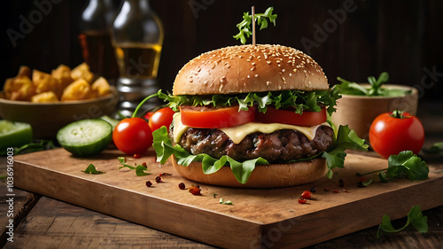 Juicy Beef Burger Topped with Melted Cheese and Fresh Veggies photo