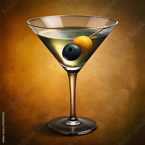 a martini glass with a black olive on top of it