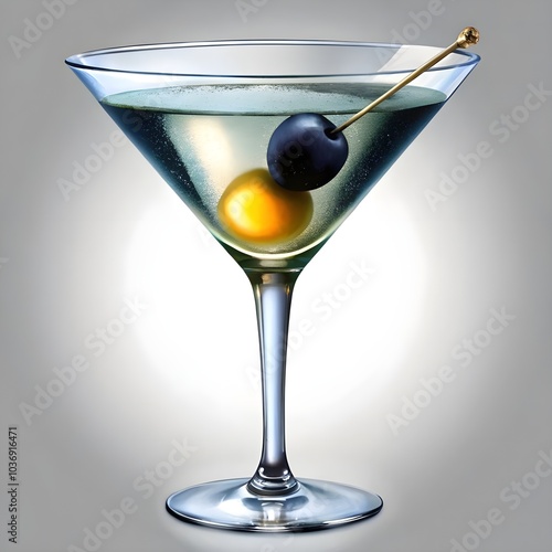 a martini glass with a black olive on top of it