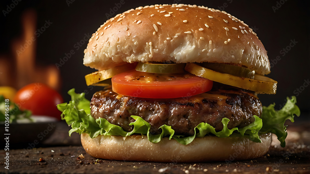 Burger featuring melted cheese, beef patty, and fresh greens