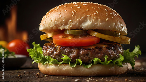 Burger featuring melted cheese, beef patty, and fresh greens photo