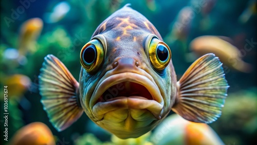 Astonished fish with saucer-like eyes and agape mouth stares incredulously at an unseen wonder beyond the confines of its aquatic habitat in mesmerizing detail.