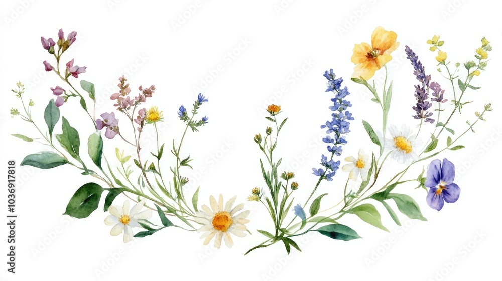 Watercolor hand drawn wreath featuring spring flowers leaves herbs and grass set against a white background First floral design of spring Watercolor hand drawn wreath featuring spring flowers leaves herbs and grass set against a white background First floral design of spring