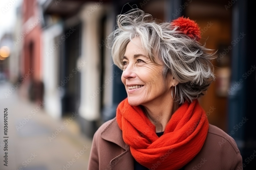 Portrait of a happy senior woman with red scarf in the city Portrait of a happy senior woman with red scarf in the city