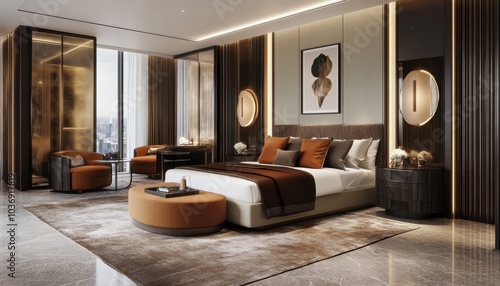 Cozy contemporary bedroom with double bed and pastel brown accents in hotel