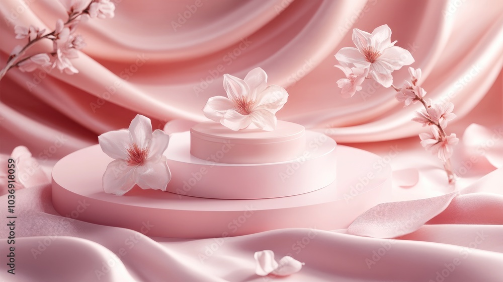 Pastel pink podium featuring abstract silk waves 3D render of a display stand for cosmetic and body care products Elegant platform adorned with flower petals Pastel pink podium featuring abstract silk waves 3D render of a display stand for cosmetic and body care products Elegant platform adorned with flower petals