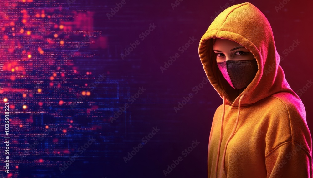 Hacker in a mask wearing a hoodie against a dark background with digital effects Hacker in a mask wearing a hoodie against a dark background with digital effects