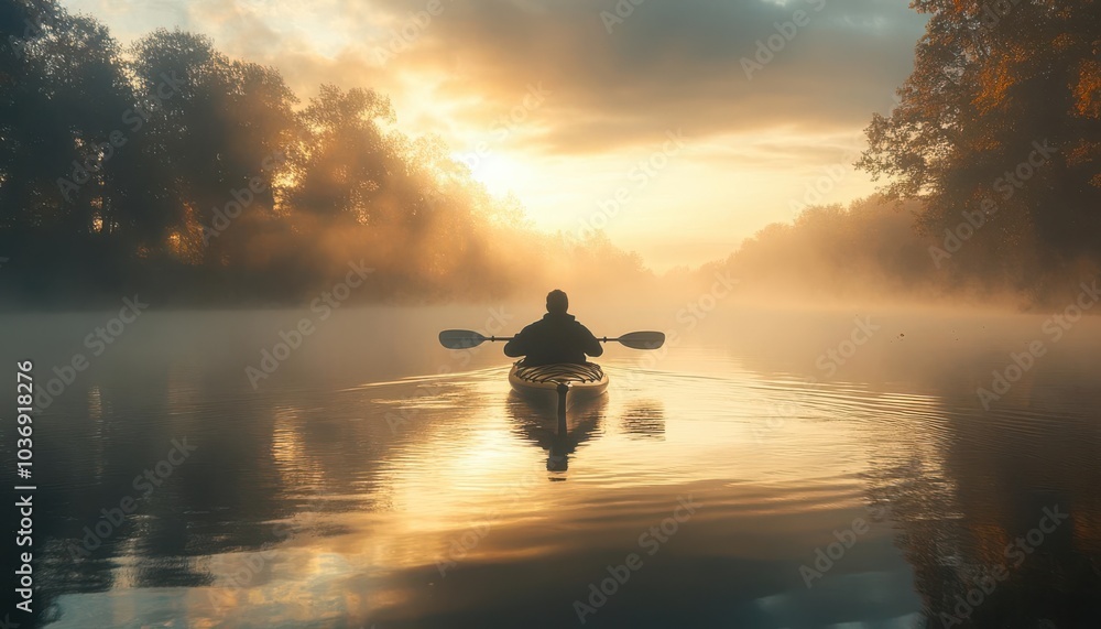 A serene kayaker glides through misty waters at sunrise, reflecting nature's tranquility. A serene kayaker glides through misty waters at sunrise, reflecting nature's tranquility.