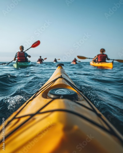A group of kayakers paddling in the ocean on a sunny day, showcasing outdoor adventure.