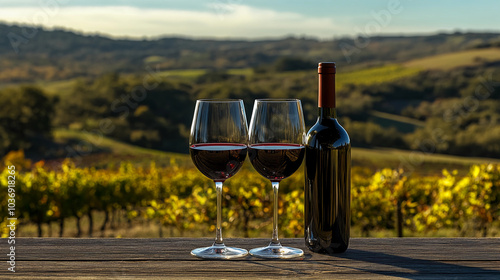 Red wine in glasses, in a vinyard setting