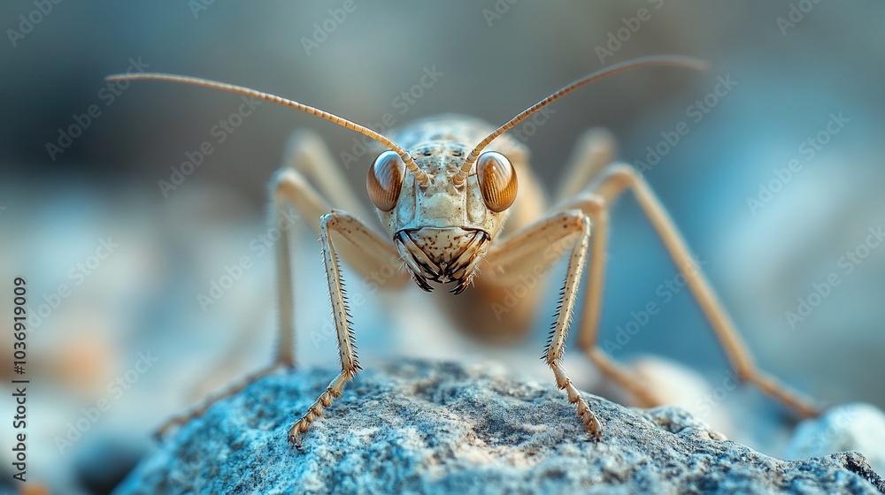 A close-up view of a small, beige mantis with large eyes, perched on a rock. A close-up view of a small, beige mantis with large eyes, perched on a rock.