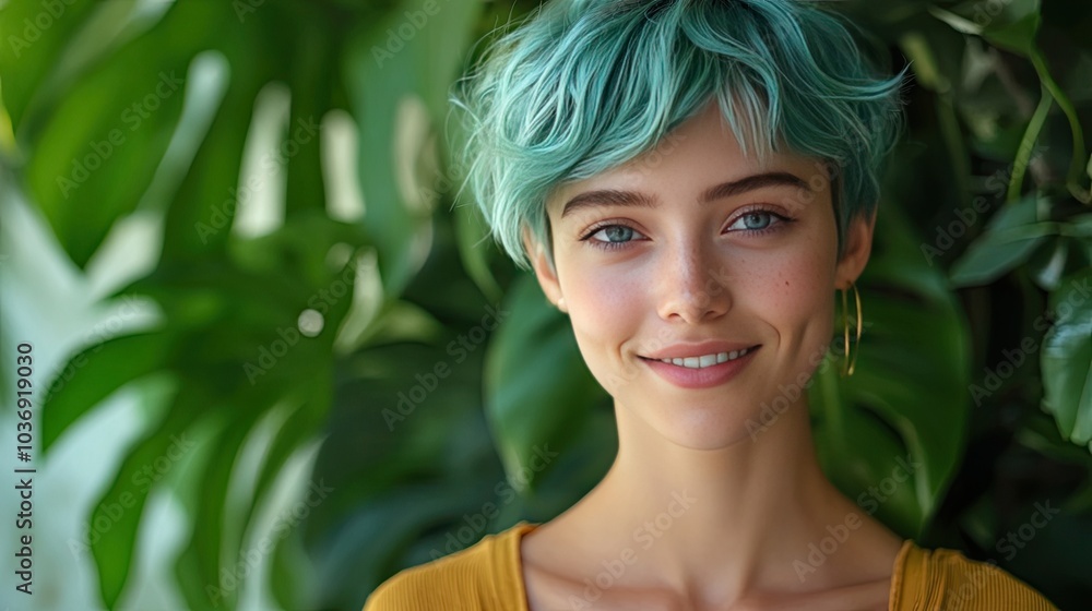 There was a fresh and natural vibe as a young woman with distinctive short blue hair stood smiling in front of a background of green plants. There was a fresh and natural vibe as a young woman with distinctive short blue hair stood smiling in front of a background of green plants.