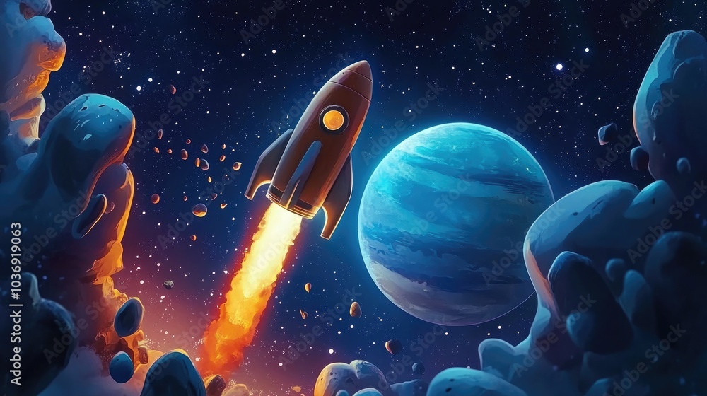 Fototapeta premium Rocket in space orbiting a planet 3D cartoon rendering for banner design