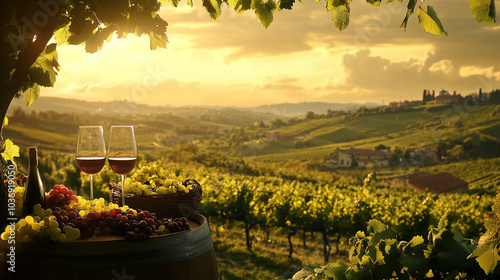 Red wine in glasses, in a vinyard setting