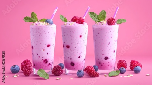 Oats infused berry smoothie or milkshake garnished with mint leaves set against a pink backdrop perfect for a healthy and delicious breakfast