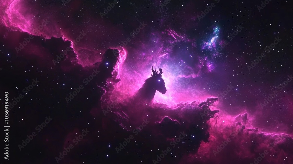 Obraz premium Rendered 3D cartoon depiction of a colorful red violet nebula in outer space featuring the Horsehead Nebula and an unusual nebula in a distant galaxy